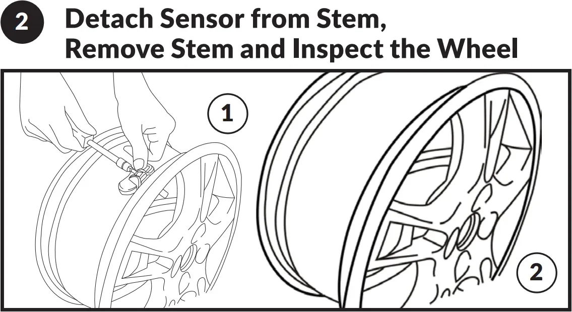 Step 2 TPMS sensor installation - detach the sensor, remove the valve stem and inspect the wheel