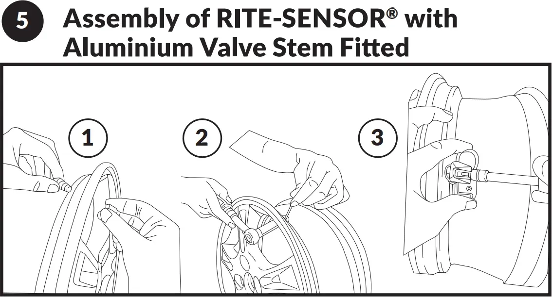 Step 5 TPMS sensor installation - assemble and fit the Rite-Sensor with aluminium valve stem