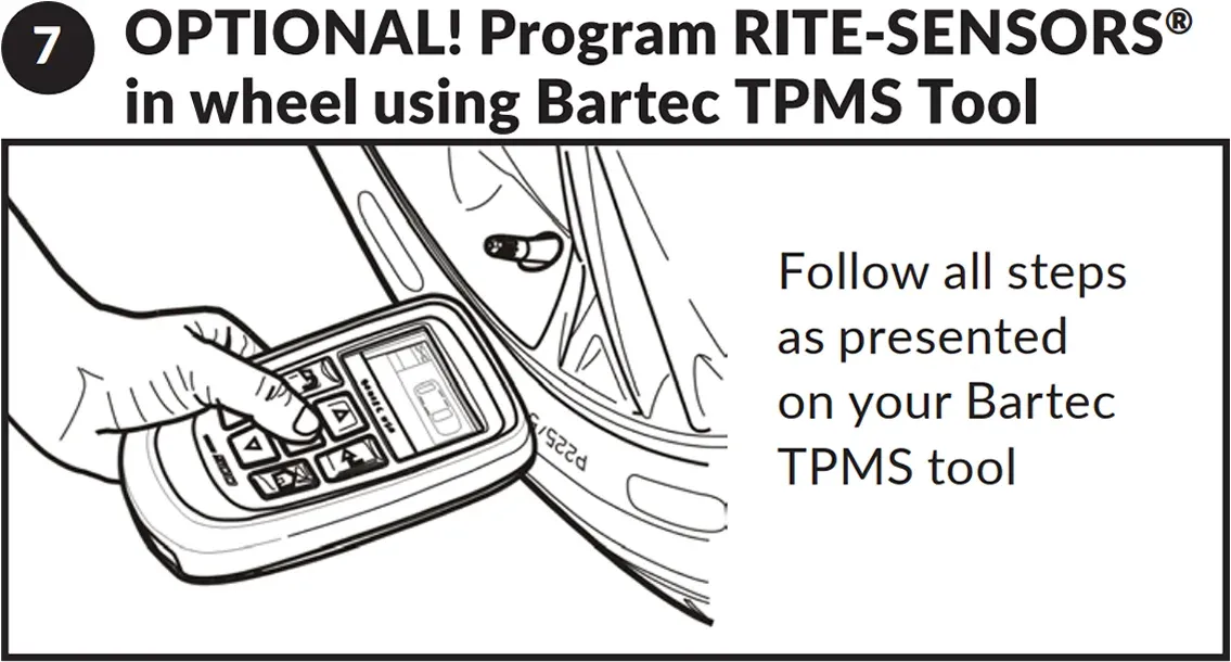 Step 7 TPMS sensor installation - optionally program the Rite-Sensor in the wheel using a Bartec TPMS tool