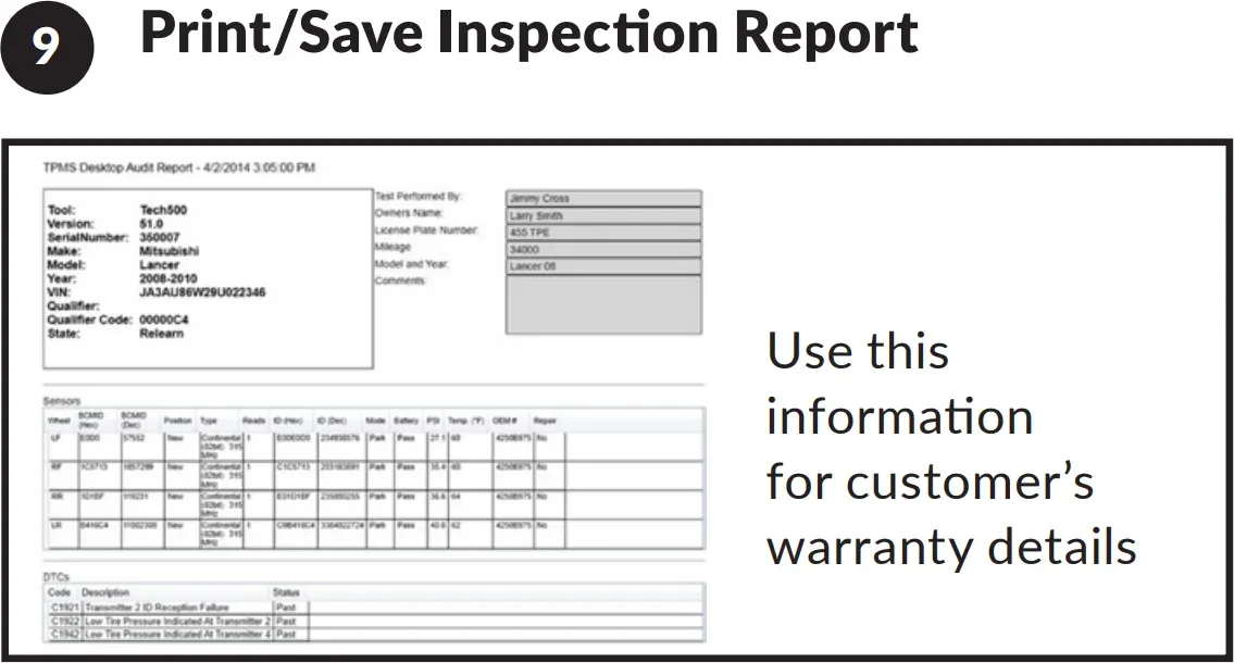 Step 9 TPMS sensor installation - print or save the completed TPMS inspection report